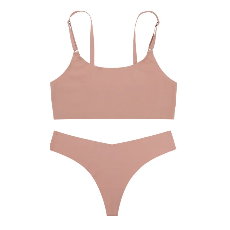 NEW 5 Colors S-XL Size Women Seamless Bra Set Sexy Push Up Lingerie Ladies Ice Silk Underwear Set Ultra Thin Fitted Brassiere And Thong Suit