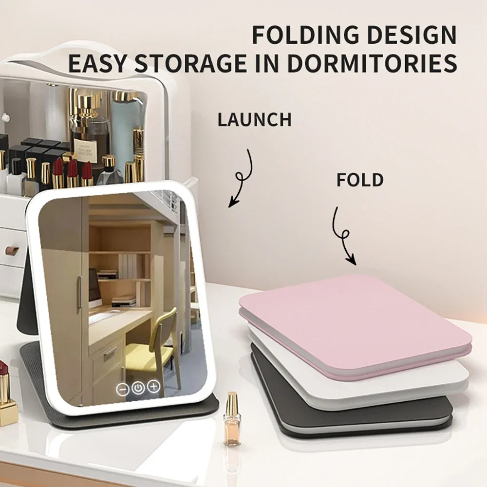 NEW Arrivals LED Dimmable Makeup Mirror 3 Colors Light Modes Adjust Brightness USB Charing Fold Mirror Tabletop Vanity Mirror for Travel Home Cosmetic Accessories