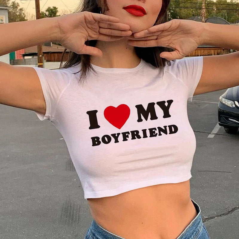 NEW Arrivals White/Black Cropped Shirt *I Love My Boyfriend* T-Shirt Casual Crew Neck Short Sleeve Crop Top for Summer Women's Outdoor Running Cycling Fitness Streetwear Beach Bar Tops