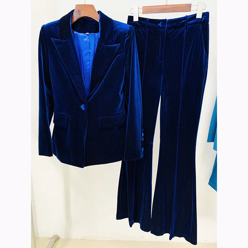 Velvet Blazer Pants Women Set Purple Brown Autumn Winter New One Button Jacket + Flare Pants Two Piece Office Female Suit