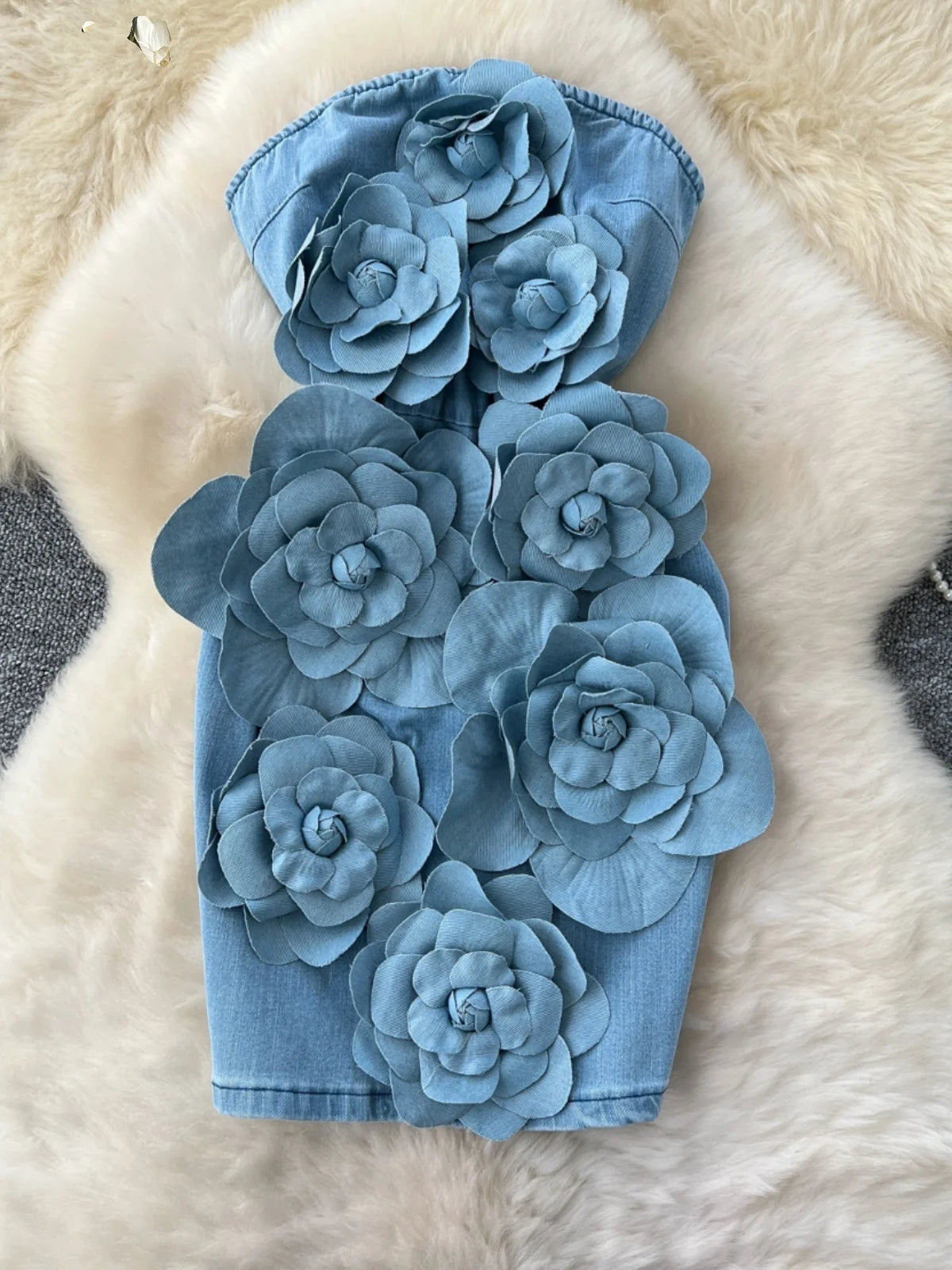 NEW Arrivals S-2XL UK Plus Size Elegant 3D Flower Rose Short Party Dresses Women Summer Holiday Sleeveless Strapless Corset Blue Denim Jeans Dress Mini Dress