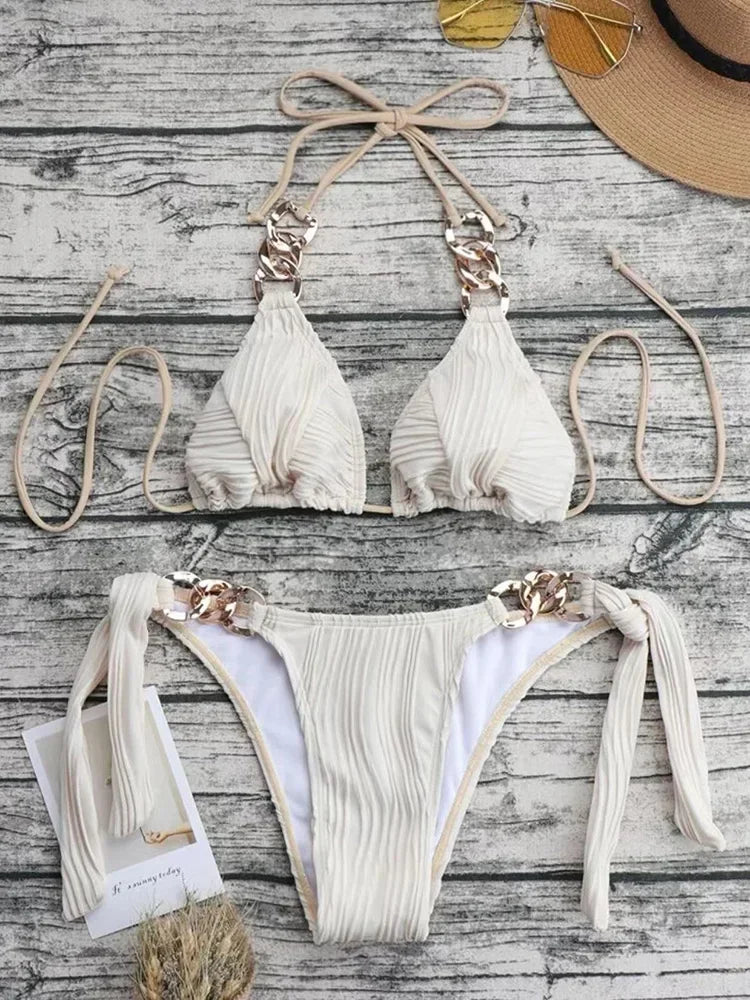 NEW 8 Colors Sexy Halter Metal Rings Bikinis Wrinkled Bikini Female Swimsuit Women Swimwear 2PCS Bikini Set High Cut Bathing Suit Swim Ladies Sexy Swimwear Bikini Set