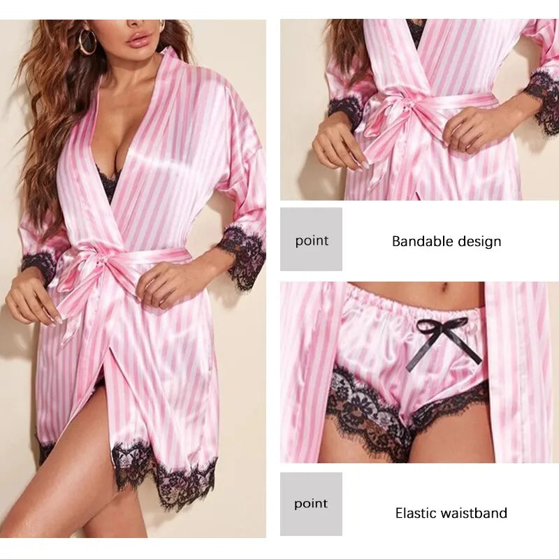Women's Summer Fashion And Comfortable Nightwear Lace Satin With Silk Sleepwear Robe Sexy Pajama Pants Home Clothes