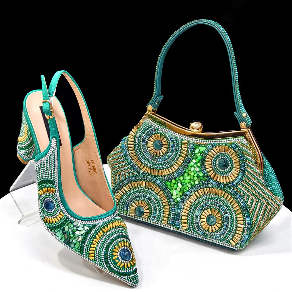 8 Colors High-End Matching Women's Luxury Shoes with Diamond Hard Box Bag Popular in Nigeria Evening Wedding Party Women's High Heels Shoes Apparel Sets