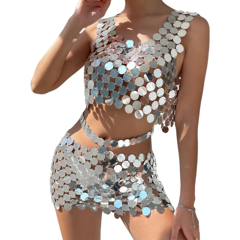 NEW Arrivals Sparkling Silver Sequins Backless Crop Tanks Top with Waist Chain Skirt Set Beach Festival Body Jewelry Outfit for Women Girls