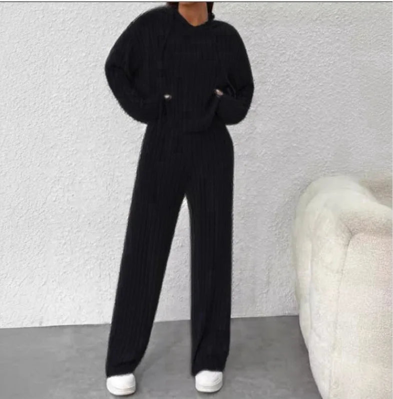 4 Colors S-2XL UK Size Spring Autumn Solid Color High Waisted Hooded Sweatshirt 2-piece Set Women's New Fashion Slim Knitted Casual Loose