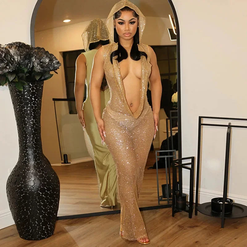 NEW Arrivals S-2XL Pink/Gold/Red Color Sexy Deep V-Neck Hooded Party Long Dresses Women Nightclub Prom Mesh See Through Sleeveless Glitter Sequined Bodycon Maxi Dress