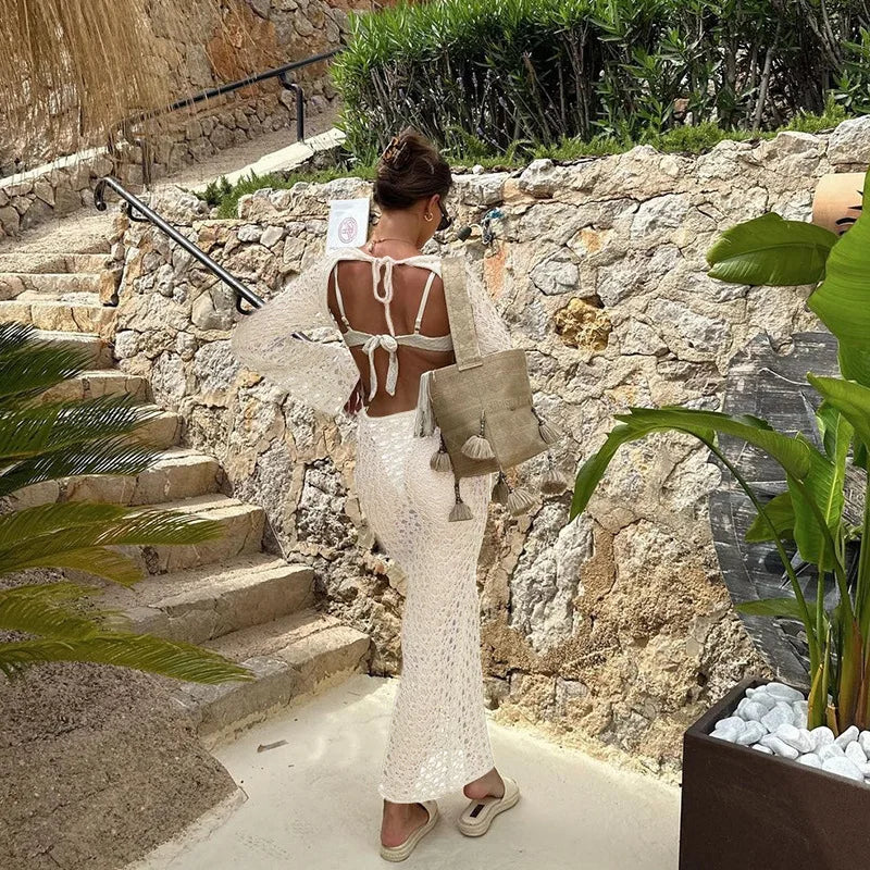 NEW Arrivals 3 Colors Crochet Maxi Dress Women Sexy Long Sleeve Hollow Out Backless Bikini Cover Ups for Swimwear Summer Holiday Bathing Suits