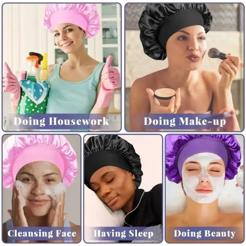 NEW Arrivals 13 Colors Soft Silk Satin Lined Bonnet Large Satin Hair Bonnet Household Sleep Shower Cap Hair Wrap Cover for Long Hair Ladies Beauty Salon Spa Tools Women Hair Care Accessories