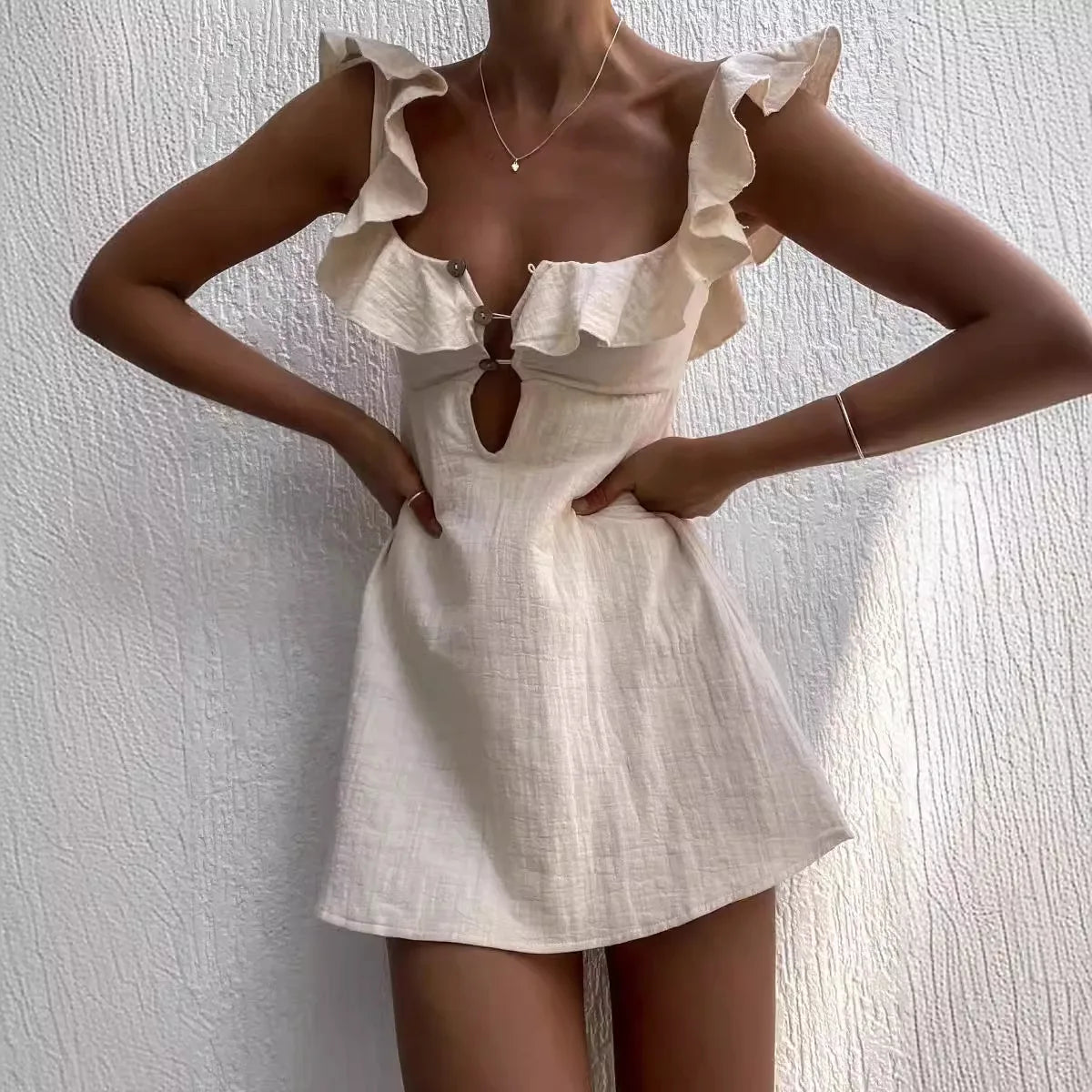 NEW Arrivals S-XL UK Size Retro Mini Beach Dress for Women Summer New Fashion Sexy Ruffled Strap Dress Women Hollow Out Short Dress Spring Summer Evening Beach Party Night Clubwear