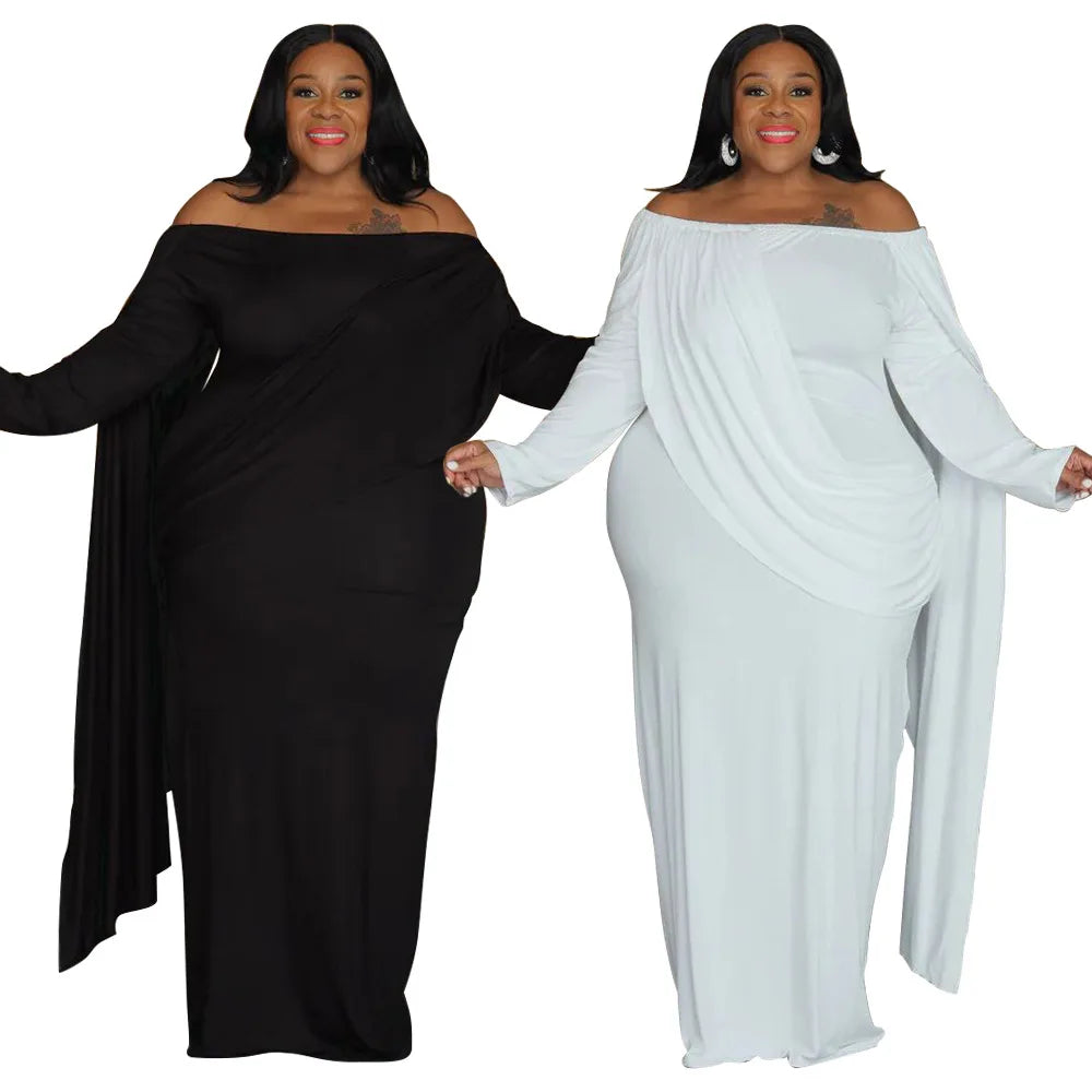 XL-5XL Plus Size Women Girls Slash Neck Long Sleeve Off Shoulder Extra Large Luxury Dress New Arrivals Pleats Elegant Evening Wedding Party Dresses Female Ladies Luxury Fashion Clothing Supplies