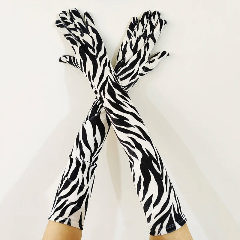 NEW Arrivals Luxury 53cm Women Winter Warm Gold Velvet Leopard- Zebra High Quality Long Gloves Fashion Elegant Opera Stage Performance Evening Night Club Party Girls Ladies Luxury Fashion Apparel Accessories Clothing Supplie