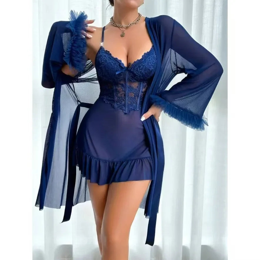 New Arrivals 2PCS Set 4 Colors Sexy Lace Mesh See-Through Nightgown Set Home Clothes Pure Desire Passionate Hot Invitation Home Clothes Set Ladies Sexy Nightdress Suit