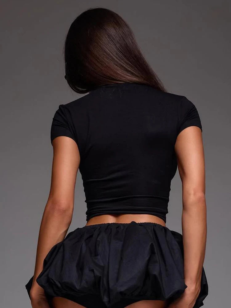 NEW 2PCS Set Black/Red Color Hottie Casual Set Women Mini Skirts Shorts Sleeve Crop Tops +Puffy Skirt Simple Basic Matching Streetwear Outfits