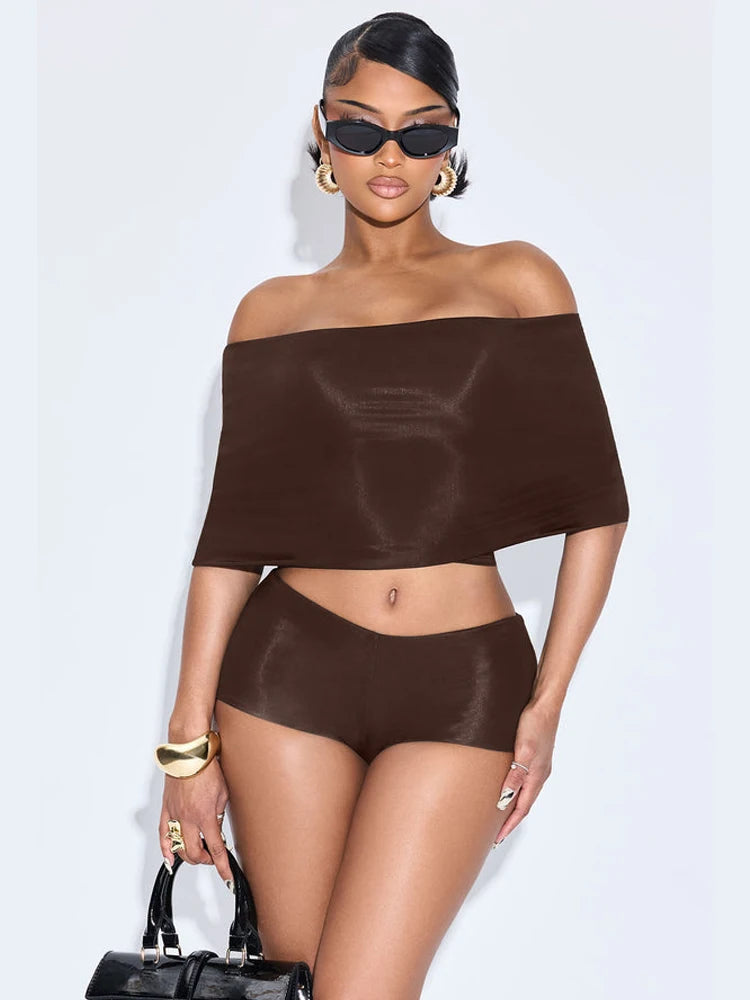 NEW 3PCS Set Black/Dark Brown Color Hipster Women Slash Neck Mid Sleeve Crop Tops +Shorts +Foot Cover Simple Summer Trend Matching Streetwear Suit