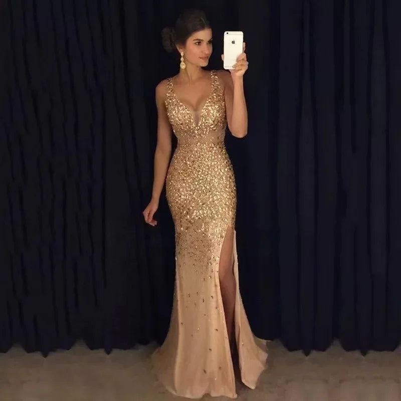 NEW Arrivals S-2XL 4 Colors Spring Autumn Winter New European American Cross-Border Side Slit Gold-Embellished Long Evening Party Luxury Dress Sleeveless Wedding Guest Celebrities Gown