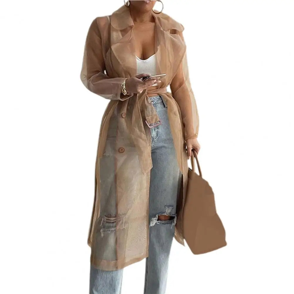 NEW Arrivals Black/White/Coffee Spring Italian Fashion Women Mesh Jacket Puff Sleeve Sunscreen Shirt Net Yarn See Through Spring Summer Lace-Up Long Shirt Thin Coat