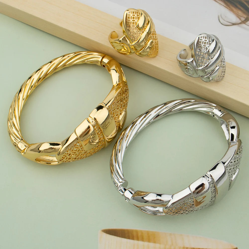 NEW 4PCS Set 18K Gold Plated Silver Cuff Bangle With Ring For Women Bracelet Jewelry Nigerian Wedding Party Gift Dubai Hollow Out Design Bracelet African Ladies Luxury Jewelry Sets