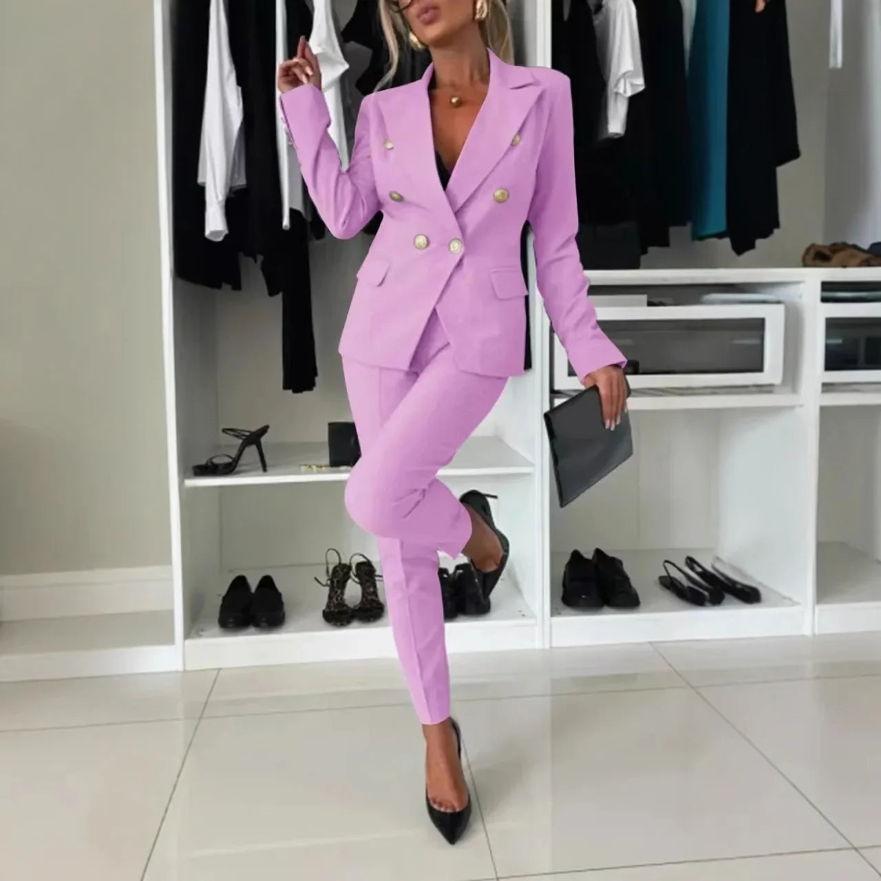 NEW Arrivals 2PCS Set UK S-2XL Size 8 Colors Women Office Smart Clothes Suit Blazer Double Breasted Button Solid Color Jacket & High Waist Slim Pencil Pants Ladies Luxury Fashion Clothing Supplies