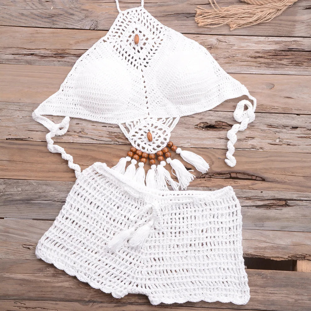 Handmade Bohemian Women Girls Bikini 2PCS Set Crochet Knitting Mini Bra Top With Short Swimsuit Pareo Beachwear Suit Female Sexy Ladies Summer Beach Luxury Fashion Clothing Supplies