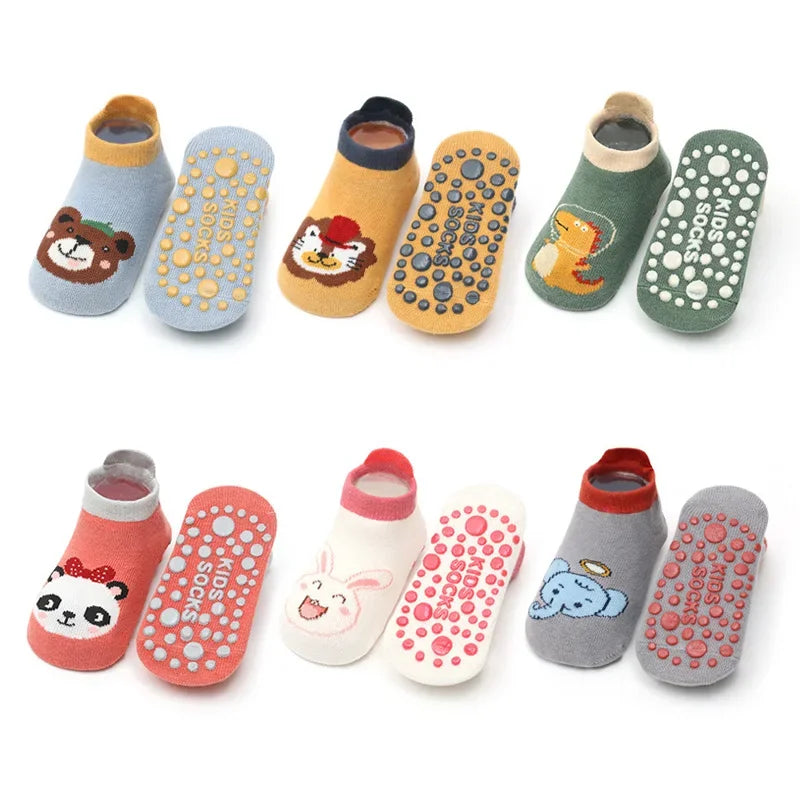 NEW Arrivals 1-3Y 6 Pairs Set Kids Cotton Anti-Slip Socks Cute Cartoon Animal Pattern Comfy Breathable Baby Non-Slip Floor Socks Babies Clothing Accessories