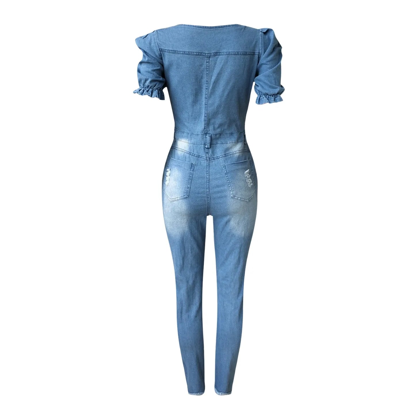 Sexy Denim Spray White Ripped Jumpsuit Women'S Jeans New Ruffle Puff Sleeves Skinny Tear Edge Denim Bodysuit For Summer