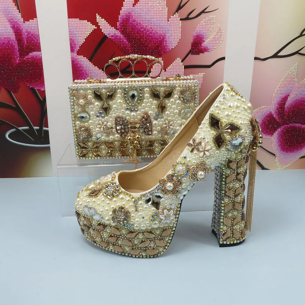 Italian Fashion Champagne Gold Wedding Shoes and Bag Set Woman 14cm High Pumps Thick Heel Evening Party Night Business Shoes Matching Bag Round Toe Pumps Ladies Luxury Fashion Apparel Accessories Clothing Supplies