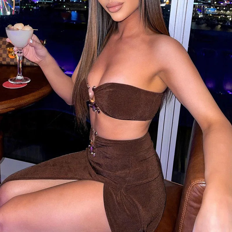 Low-Price Sales are Limited NEW 2PCS Set Velvet Sexy Strapless Crop Tube Top High Waist Slit Maxi Dress Fall Women Female Streetwear Evening Beach Party Night Club Outfit Sexy Dress Girls Ladies Luxury Fashion Clothing Suppli