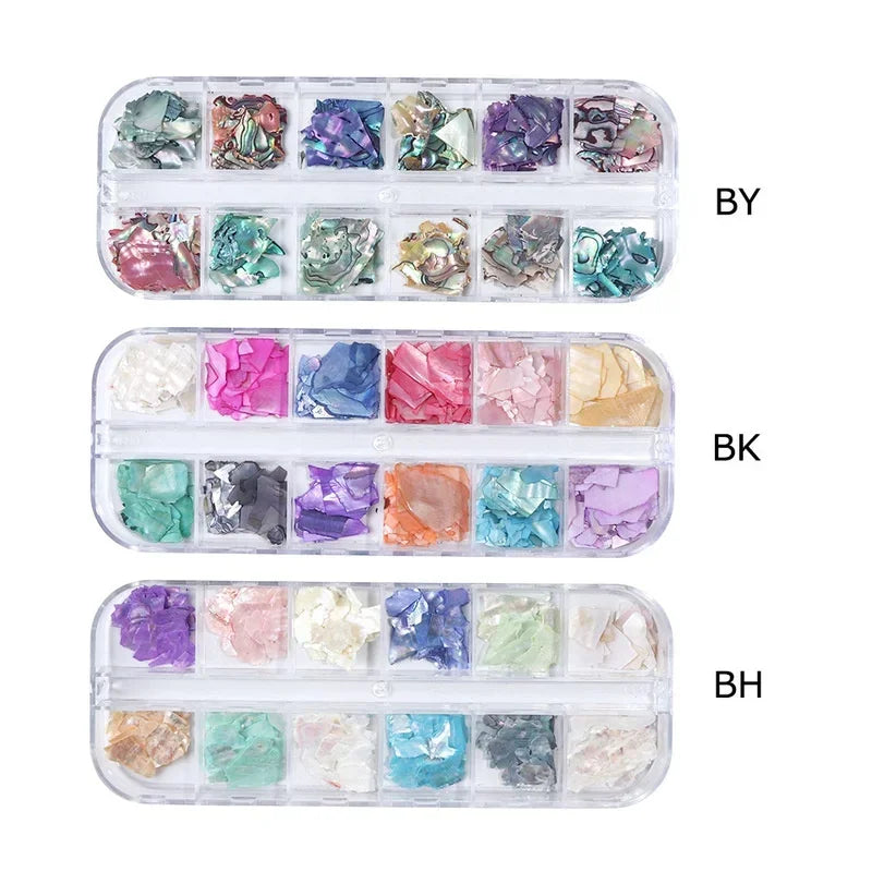 12Grids Nails Abalone Shell Fragments Texture Natural Sea 3d Charm Nail Art Decoration Slice DIY Beauty Salon Tools