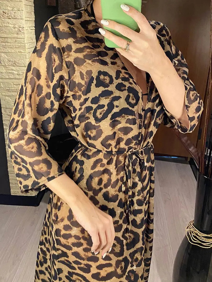 Sexy Leopard Printed Beach Cover Up Chiffon Cover-ups Swimwear Beach Wear Summer Beachwear Female Women Long Dress