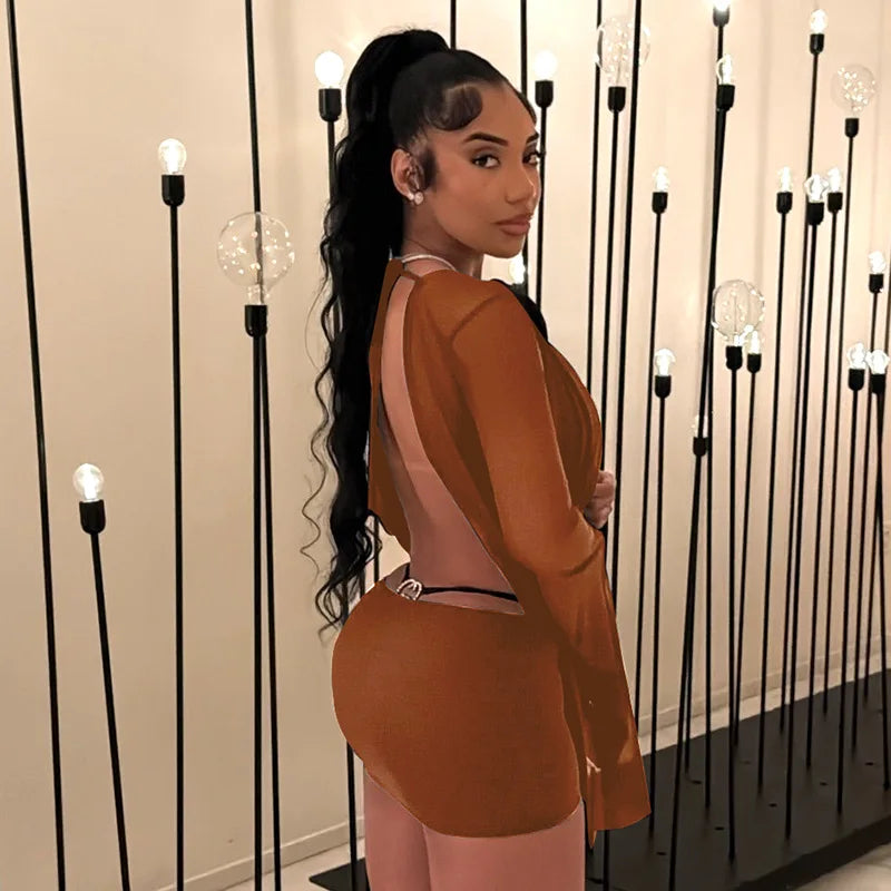 NEW Arrivals Pink/White/Brown Color UK Size Women's Summer Sexy Sheer Mesh See Through Mini Dress Sexy Swing Collar Full Sleeve Irregular Backless Vacation Beachwear