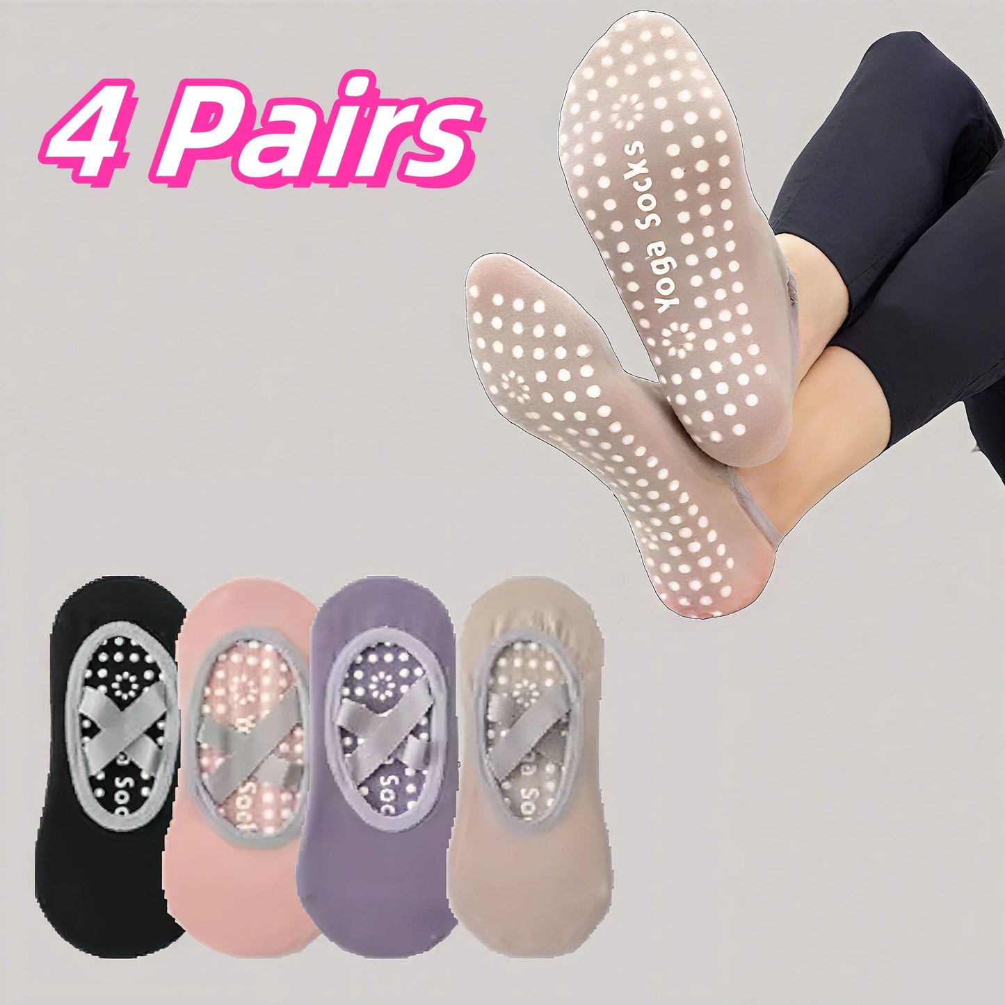 NEW Arrivals 4 Pairs Women Fitness Dancing Yoga Professional Non-Slip Silicone Non-Slip Silicone Socks Gym Home Fitness Footwear Breathable Soft Yoga Socks Ladies Sports Apparel Accessories
