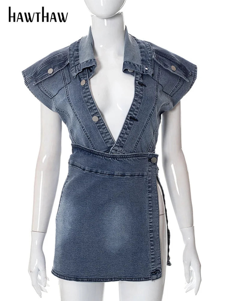 Women Denim V Neck Tops Mini Skirts Two Piece Matching Sets Outfits Summer Clothes Wholesale Items For Business