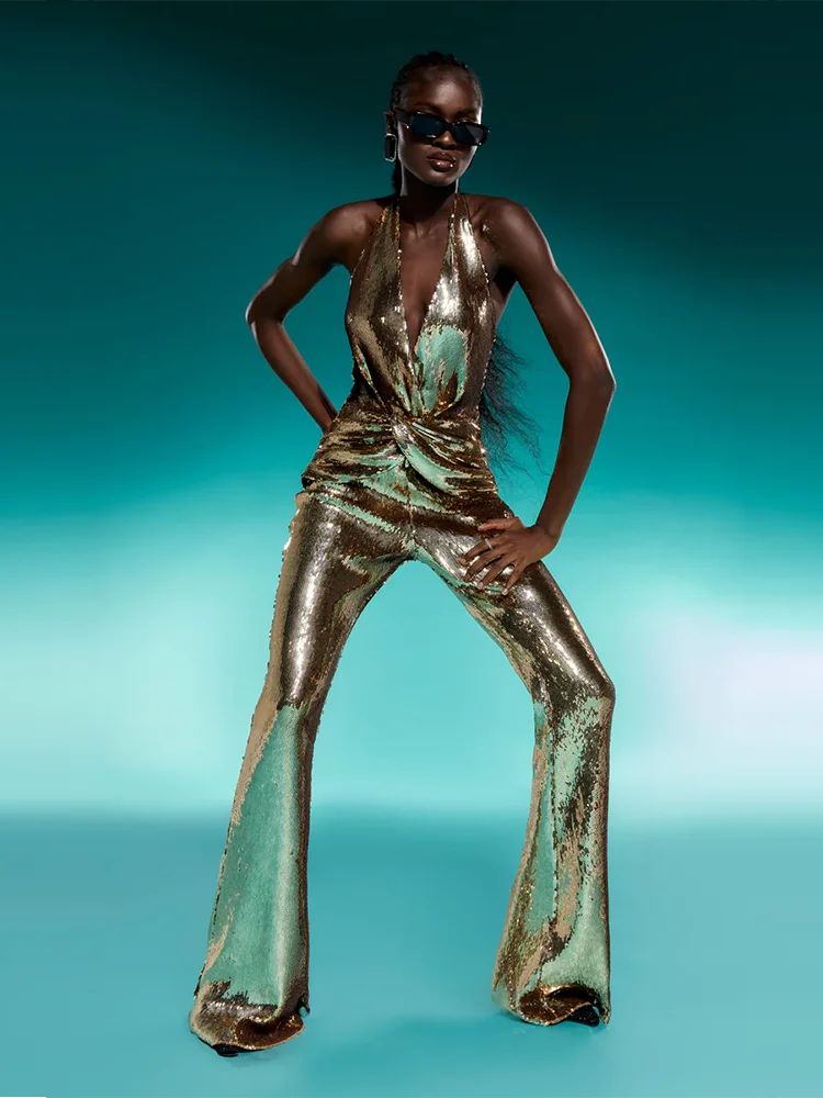 NEW Arrivals Women's Sleeveless Gold Sequin Jumpsuit Sexy V Neck Sparkle Sequined High Waist Wide Leg Pants Jumpsuit Celebrity Evening Party Ladies Luxury Fashion Clothing Supplies