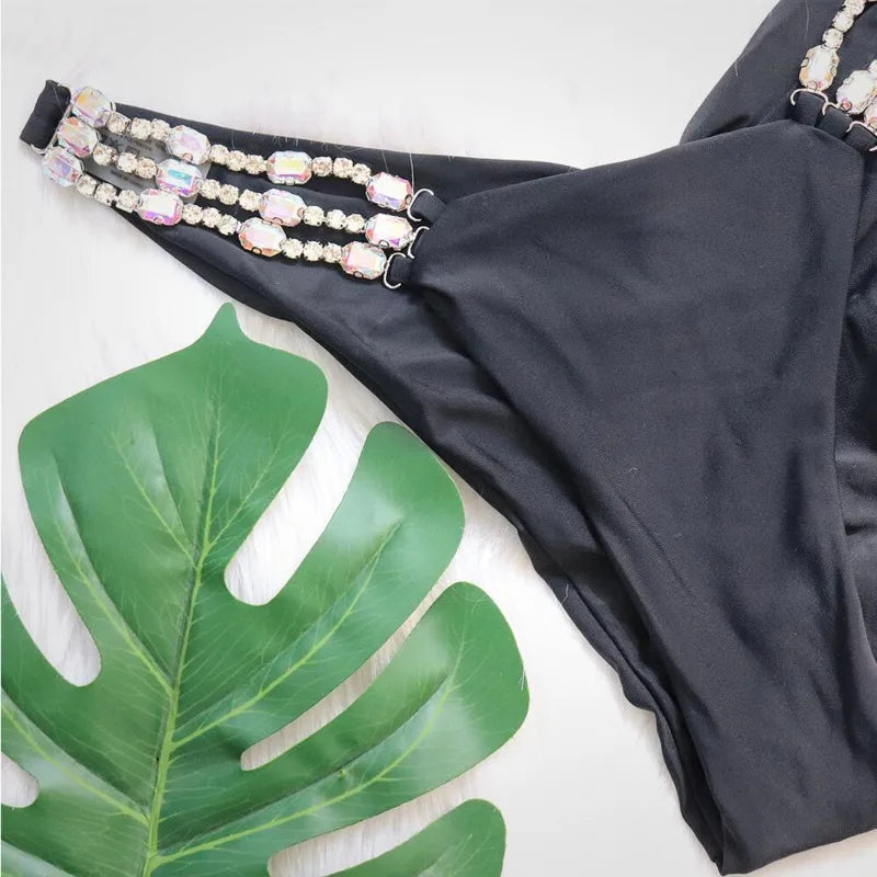 NEW Arrivals Sexy Rose Red/Black S-XL Bikinis Swimsuit With Rhinestones Women Female Swimwear Female Push Up Bikini Beach Swim Wear Bathing Suits Water Pool Bather Girls Ladies Summer Luxury Fashion Apparel Supplies