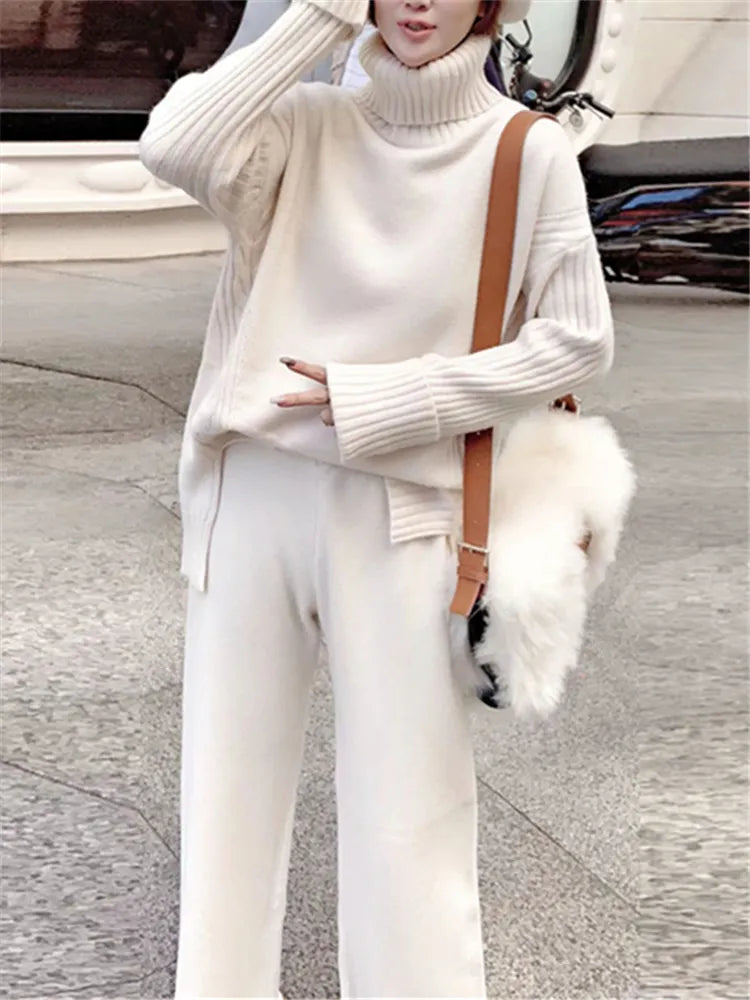 Autumn Winter 2 Pieces Women Sets Knitted Tracksuit New Turtleneck Sweater and Wide Leg Jogging Pant Pullover Suits