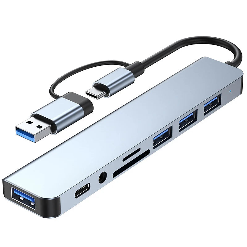 NEW Arrivals 8 in 2 USB +Type C HUB Docking Station with 3.5mm Audio Jack Adapter Micro SD Card Reader Laptop Tablet Phone Disk Converter Computer Accessories Electronic Supplies