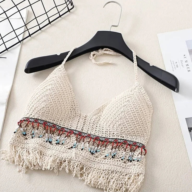 Handmade Sexy Beach Holiday Camisole Halter Women Crochet Knit Swimsuit Bra Backless Vest Hollow Tassel Tank Top Women's Female Crop Tops Girls Ladies Summer Luxury Fashion Clothing Products