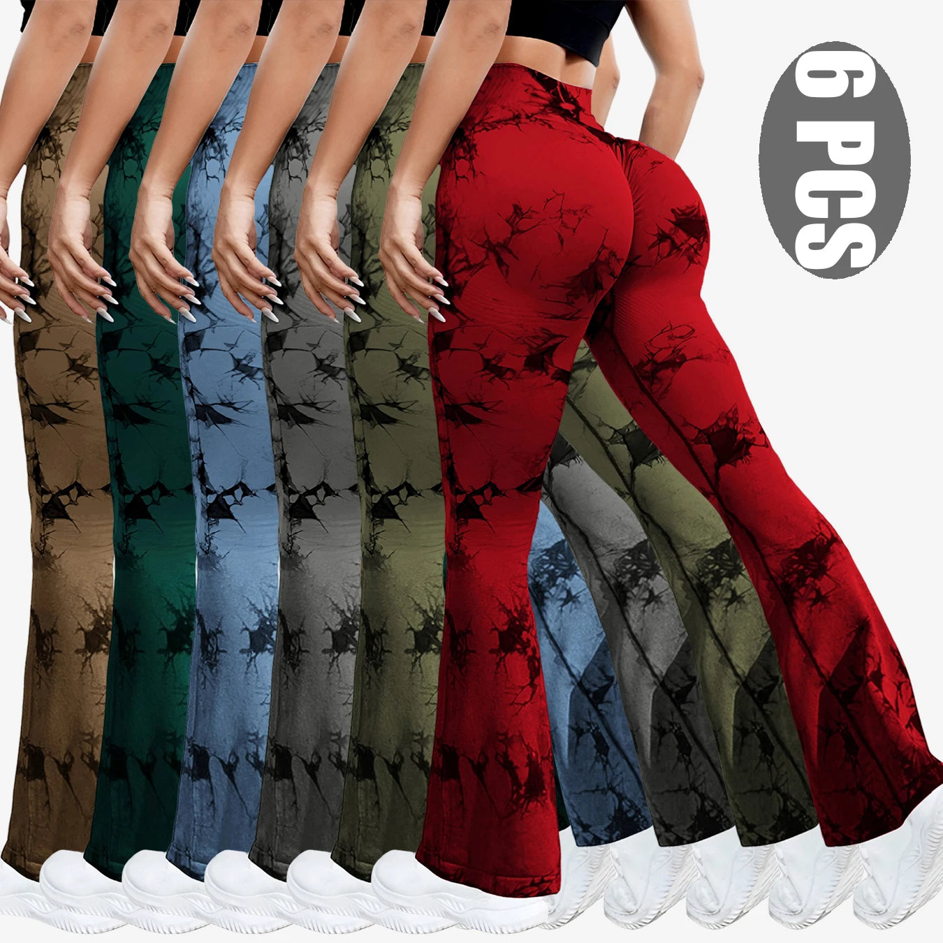 NEW Arrivals 6PCS Set Tie Dye Seamless Yoga Pants Flared Trousers High Waist Butt Lifting Sportswear Women Gym Training Fitness Sports Pants