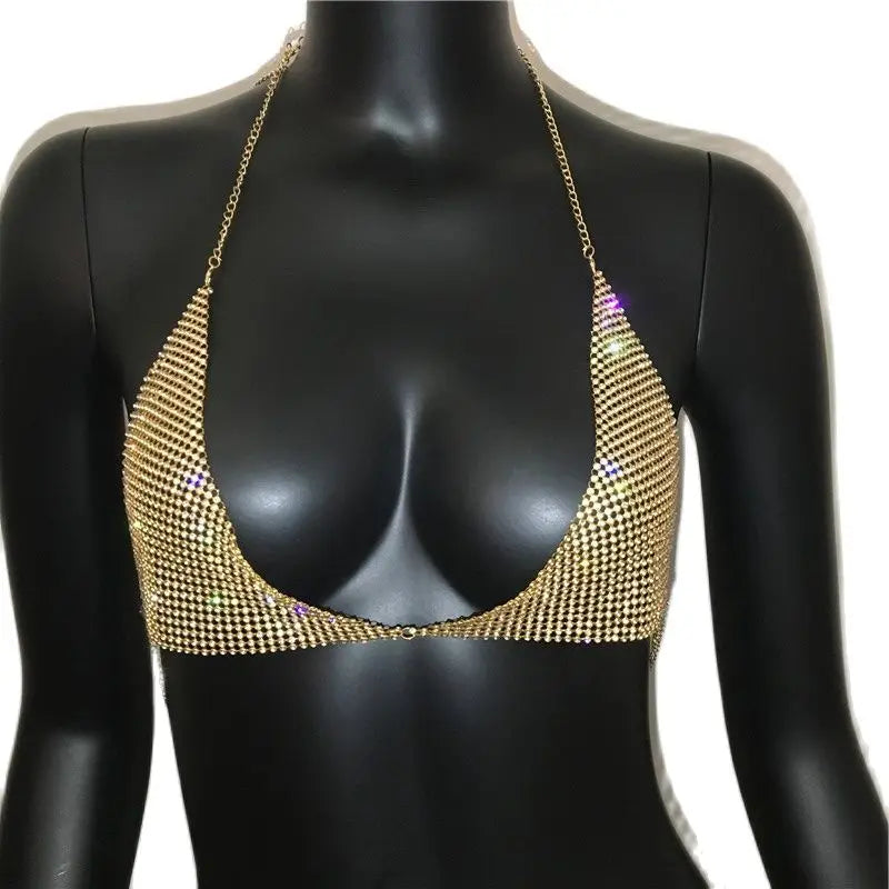 AKYZO Women Halter Handmade Rhinestones Bling Tank Tops Shiny Beach Bralette Party Club Gold Metal Diamond-Studded Camis