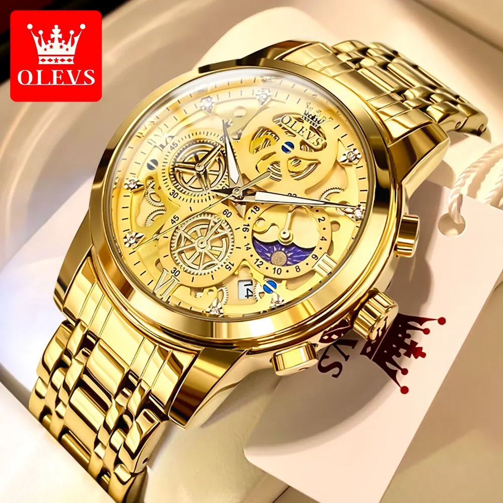 NEW 100% Original OLEVS Luxury Men's Watches Top Brand Luxury Original Waterproof Quartz Watch for Man Gold Skeleton Style 24 Hour Day Night Wristwatch Perfect Gift for Husband Boyfriend