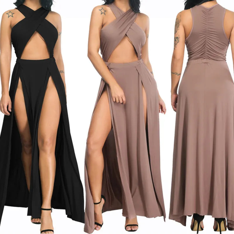 BRAND NEW S-3XL Plus Size Apricot/Black Extremely Sexy Elegant Evening Party Fashion Chubby Women Solid Criss Cross Halter Neck Dress Summer Evening Night Club Party Hollow Out Double High Split Long Dress