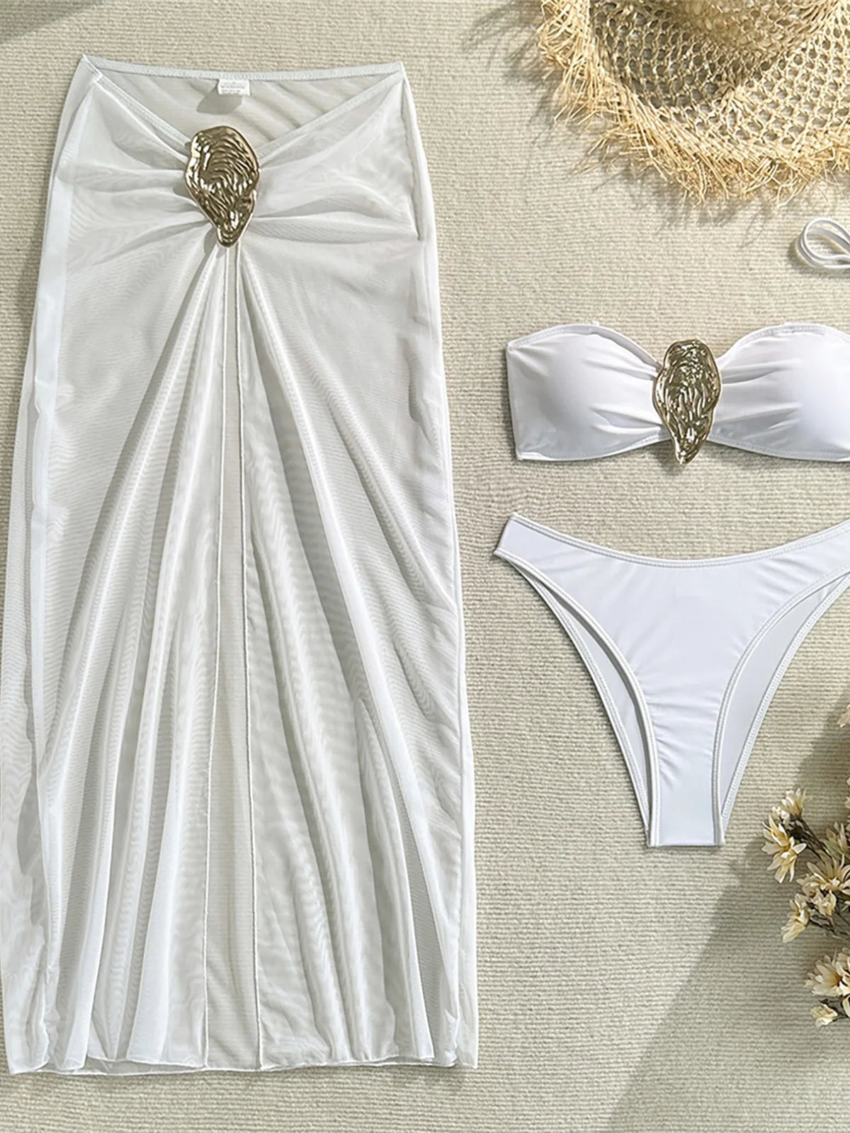 NEW Arrivals 3PCS Set White/Black Color With Skirt Metal Ring Brazilian Bikini Female Swimsuit Women Swimwear Bikini Suit Bather Bathing Suit Swim V6990 Ladies Sexy Beachwear Suit
