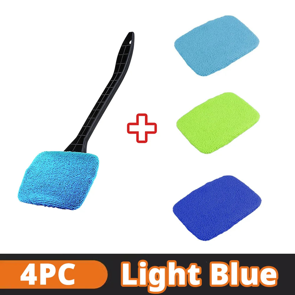 NEW 4PCS Set Car Window Defogging Cleaner Brush Kit Microfiber Windshield Cleaning Tool Auto Interior Glass Wash Wiper Long Handle Reusable Cloth Pads Car Cleaning Accessories