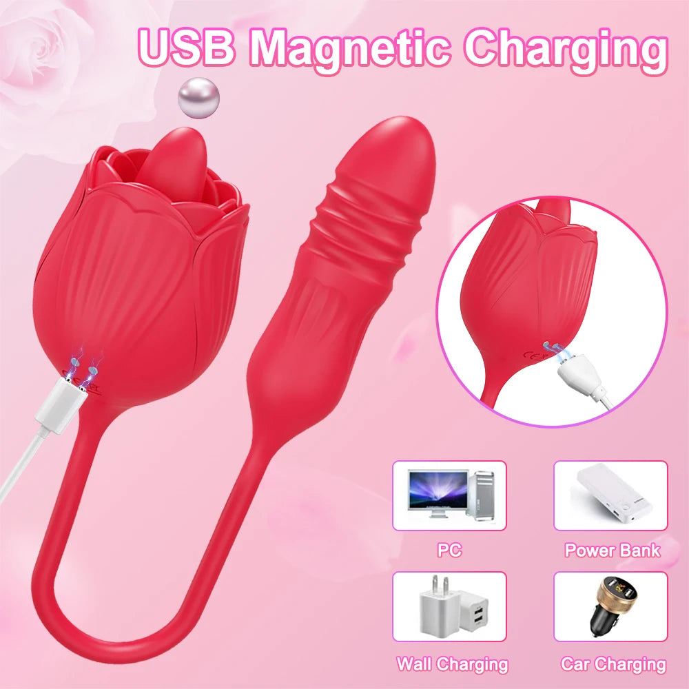 Rose Toy Dildo Thrusting Vibrator for Women Egg Clitoris Sucker Stimulator Tongue Licking Adults Goods Sucking Sex Toys Female