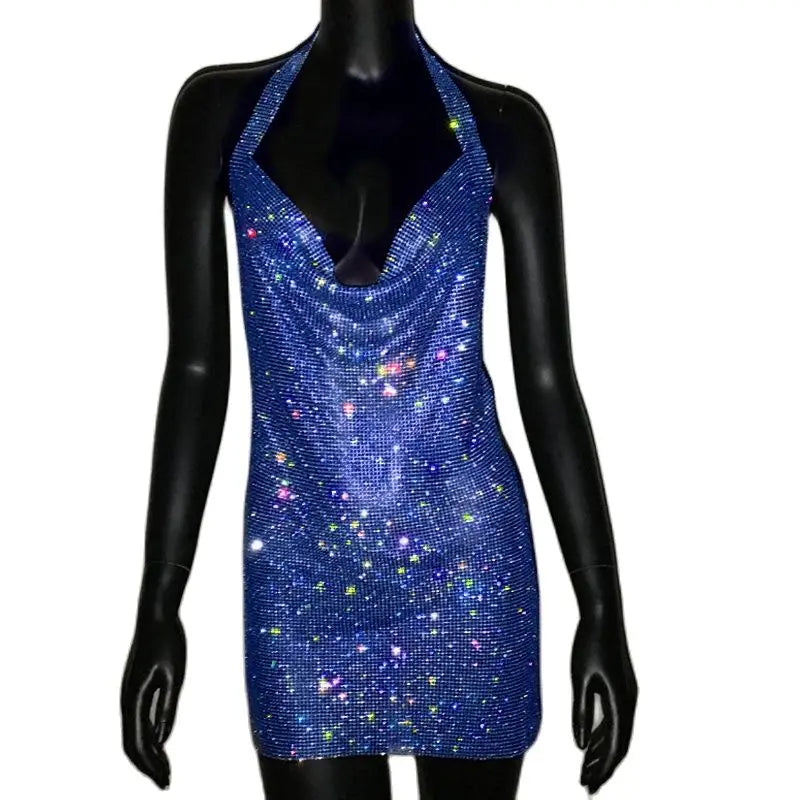 NEW Arrivals 7 Colors Luxury Crystal Rhinestone Sequins Mini Dress NEW Women Halter Backless Slit Metal Mesh Cocktail Evening Party Summer Beach Bar Night Clubwear Dresses