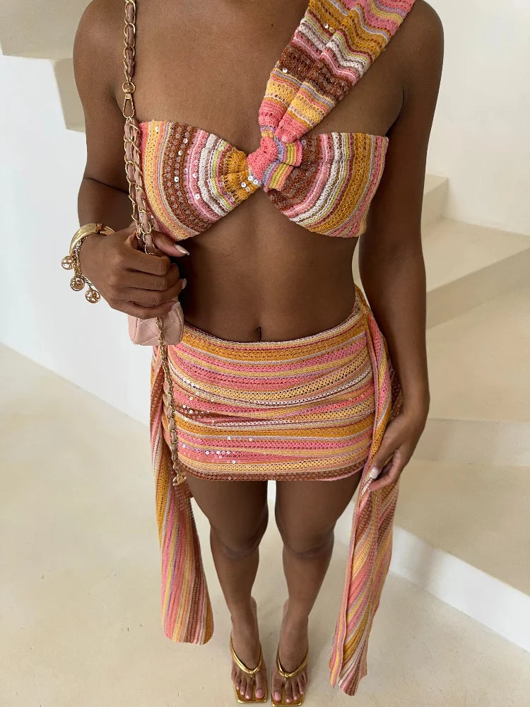 NEW 2PCS Set Sexy Beach Colorful Skirt Women Set Knit Sequin One Shoulder Crop Top Draped Mini Skirts Slim Bodycon Lady Outfits