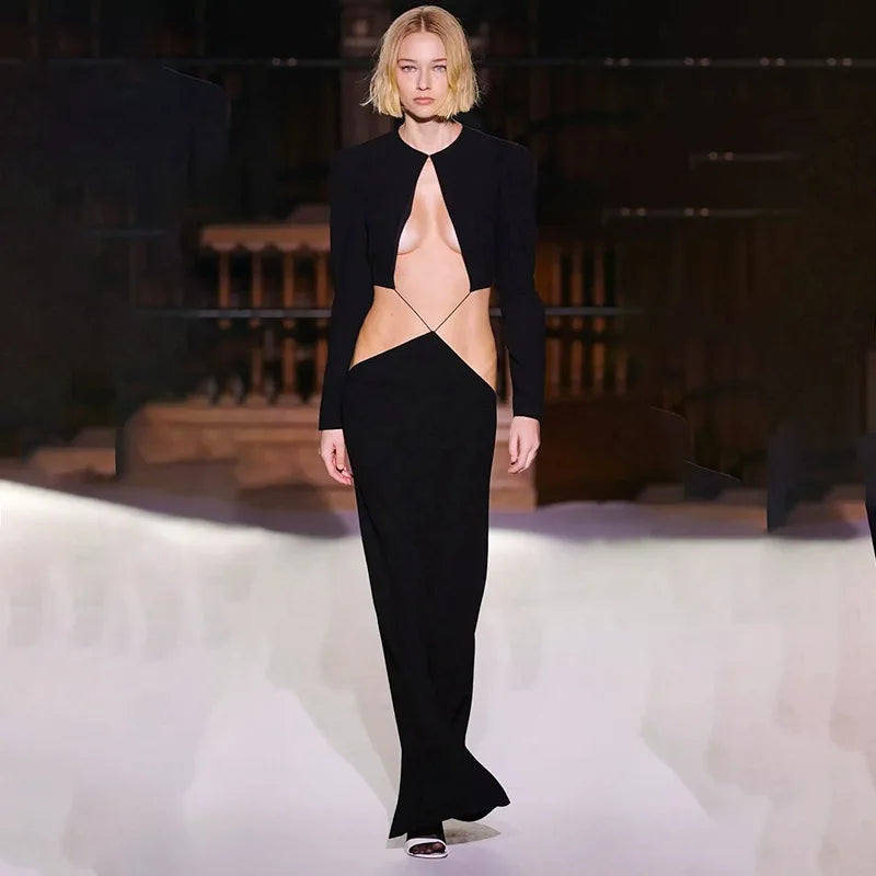 NEW Sexy Fashion Black Sexy Cut Out Maxi Dress Bandage Evening Party Night Club Outfits Long Sleeve Plunge Dresses Elegant Gown Ladies Sexy Fashion Clothing Supplies