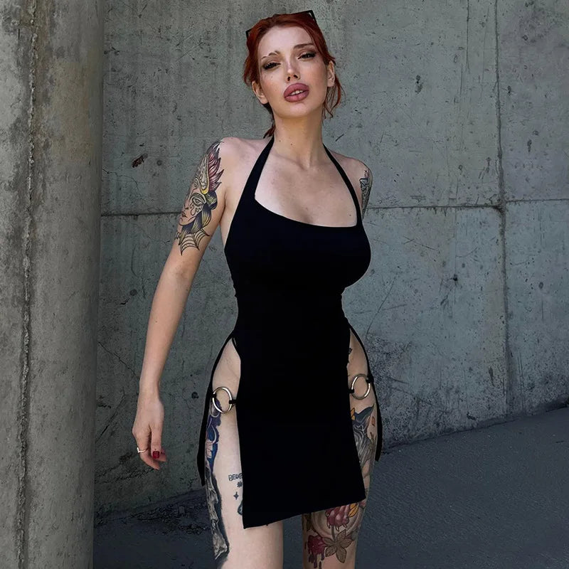 NEW Arrivals 6 Colors Summer Sexy Halter Mini Dress Y2K Women Sleeveless Strap Streetwear Backless Split Black Dress Party Elegant A-LINE New Dresses Evening Party Night Clubwear Mini Dress