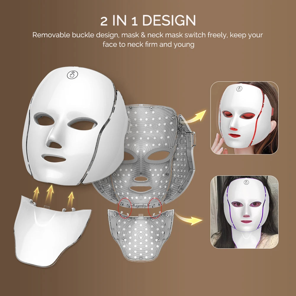 NEW 7 Colors LED Facial Mask with Neck Light Therapy Red Light Facial Mask for Anti-Aging Rejuvenation Brighten Skin Beauty Device Women Skin Care Supplies